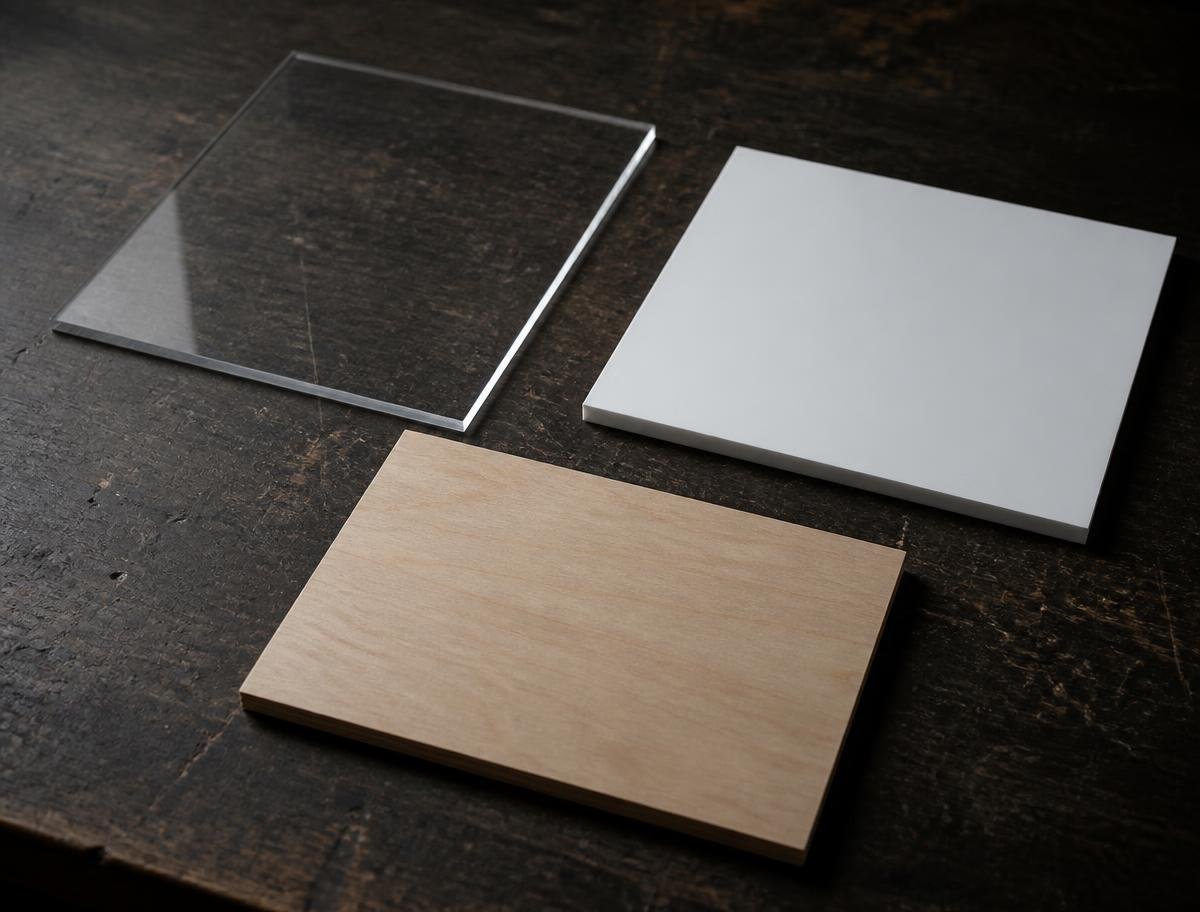 Materiales sin imprimir: acrílico, PVC y madera en bruto